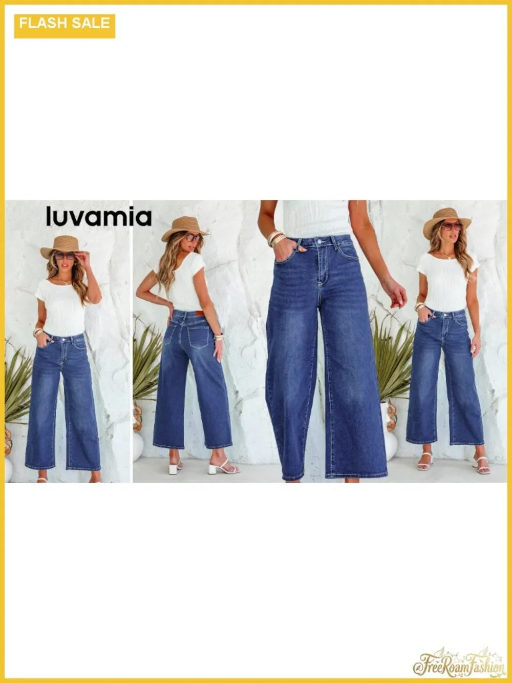 Wide Leg High Waist Cropped Stretch Denim Jeans 5-Pocket